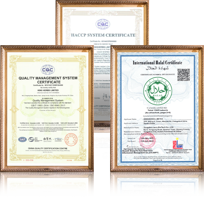 Las certificaciones internacionales de Kingherbs Limited muestran el compromiso con la calidad de los extractos botánicos y herbales.